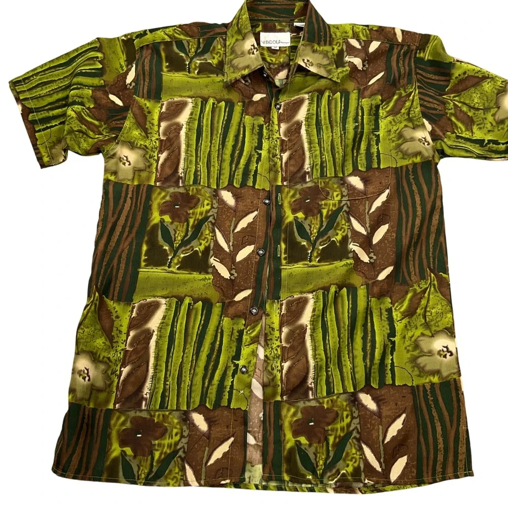VIRGOLA Uomo Shirt Mens Mediun Green‎ Brown Abstract Statement Party Resortwear
